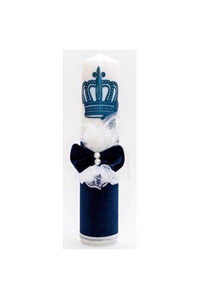 OEM Baptism Candle, Crown, Velvet Ribbon and Feathers, 35x7cm, Navy Blue