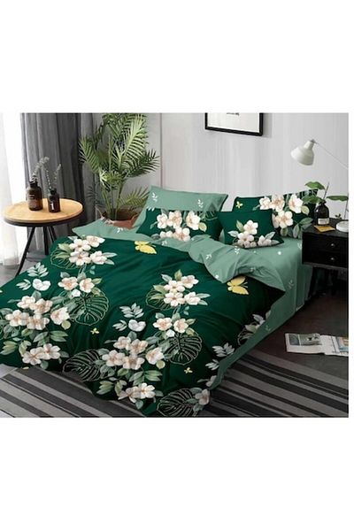 OEM Double Bed Linen, 6 Pieces, 245x250 cm, Floral Print on Green Background, Multicolor