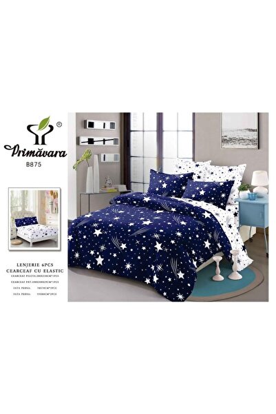 OEM Lenjerie pat dublu, Primavara, Cearceaf cu Elastic, 6 piese, 2 persoane, 180x200cm, Finet, Stele Caz