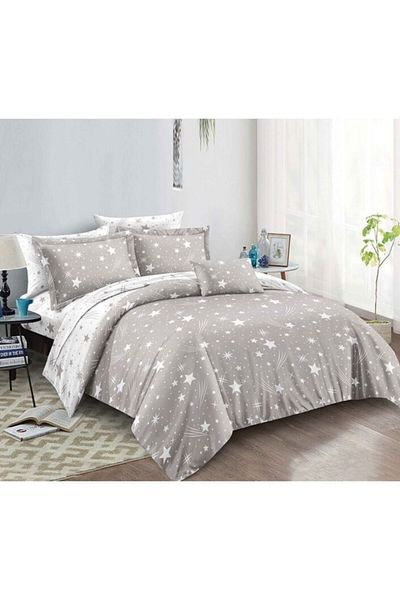 OEM Bed Linen, Reversible, Fitted Sheet, Finet Stars, Single Person, 4 Pieces, 140x200cm, Light Gray-Whi