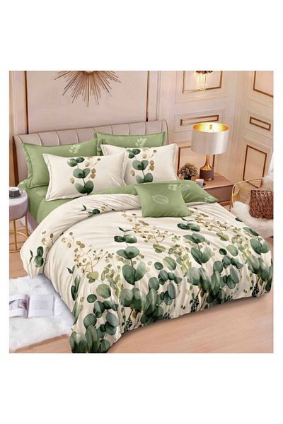 OEM Double Bed Linen Set, Reversible/Elastic Sheet, 6 Pieces, Eucalyptus Branch Print, 2 Persons, 180x20