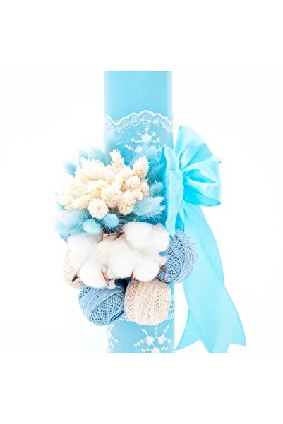 OEM Lumânare de botez, flori uscate și bumbac, 35x5cm, albastru deschis-alb