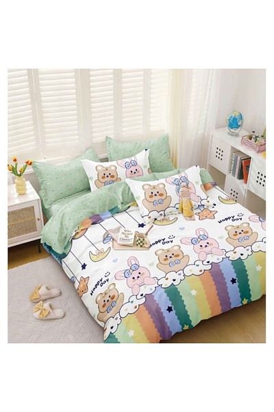 OEM Double Bed Linen, Satin Cotton, 4 Pieces, 2 Persons, 240x250cm, Rabbit Print, Multicolor