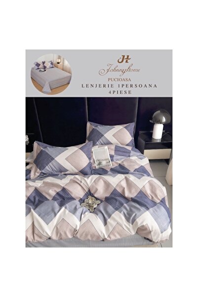 OEM Lenjerie pat, Imprimeu Abstract, 4 piese, 1 persoana, 155x220cm, Finet Satinat, Bleumarin-Bej