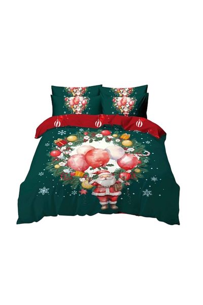 OEM Lenjerie de pat, Finet, Imprimeu Festiv Craciun, Mos Craciun, 6 piese, 2 persoane, 240x250cm, Multic