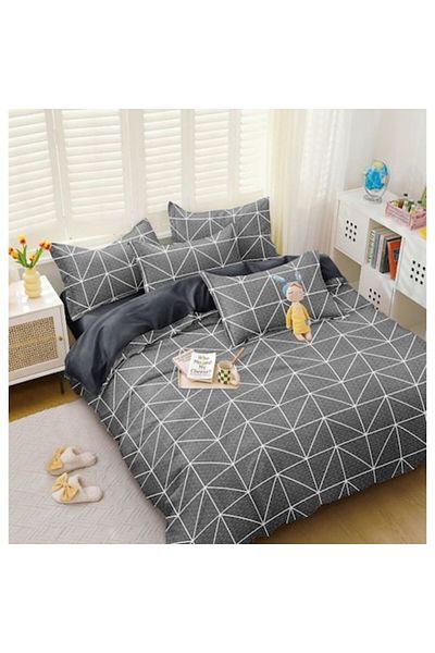 OEM Double Bed Linen Set, Satin Cotton, 4 Pieces, Geometric Pattern, Gray-White