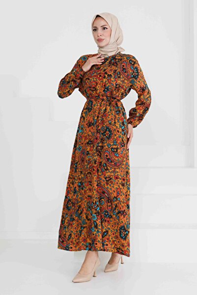 TOFİSA Desenli Kuşaklı Elbise Hardal - 27472