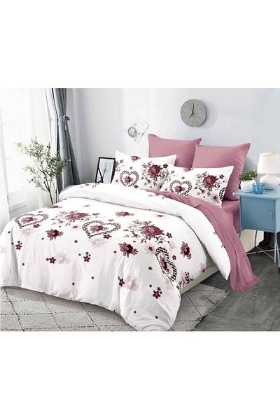 OEM Lenjerie de pat, Finet, 6 piese, 2 persoane, Imprimeu Inimi si Bujori, Multicolor