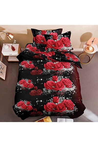 OEM Lenjerie de pat, Finet, Imprimeu 3D Multiplicat, 4 piese, 1 persoana, 155x200cm, Trandafiri Straluci