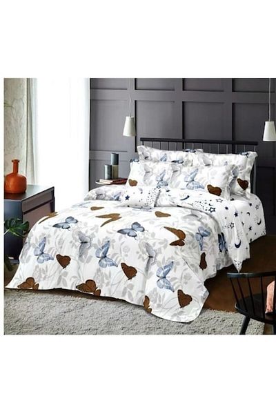 OEM Lenjerie de pat dublu 6 piese, 2 persoane, 180x200 cm, Imprimeu fluturi luna si stele, multicolor