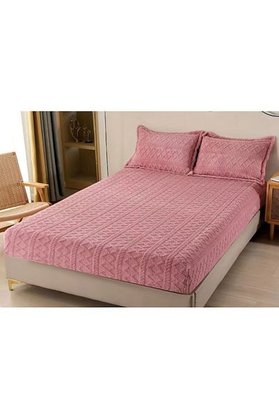 OEM Husa de pat Cocolino si 2 fete de perna, tip Tricot, Uni, 3 piese, 2 persoane, 180x200cm, Roz