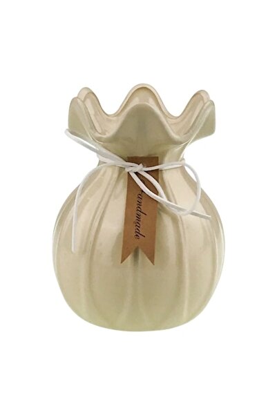 OEM Vază ceramică cu gură ondulată și șnur decorativ, 14x20 cm, fildeș