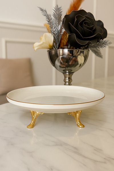 Sillage Home Porcelain Gold Gilded Pit Serving Plate with Gold Feet – 26 cm