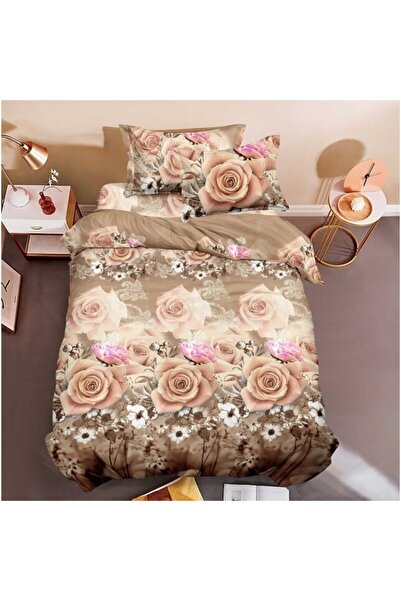 OEM Lenjerie de pat, Finet, Imprimeu 3D Multiplicat, 4 piese, 1 persoana, 155x200cm, Trandafiri, Bej Nua