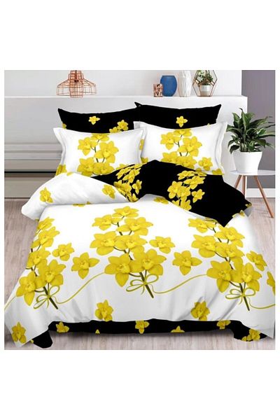 OEM Double Bed Linen 2 Faces, Yellow Flowers, 6 Pieces, 2 People, 180x200cm, Finet Satin, Multicolor