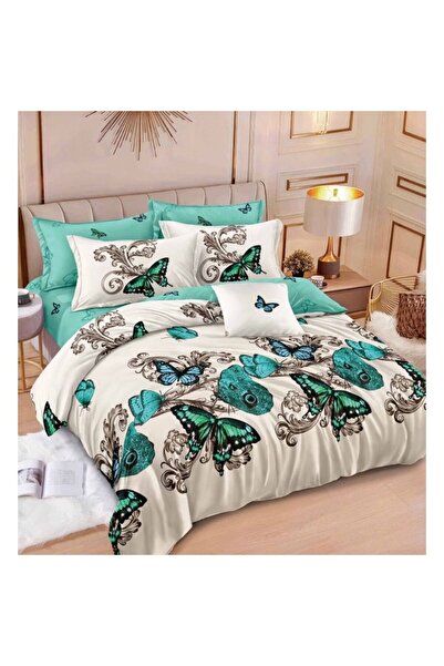 OEM Reversible double bed linen set, 6 pieces, turquoise butterflies, for , 240x250cm, satin