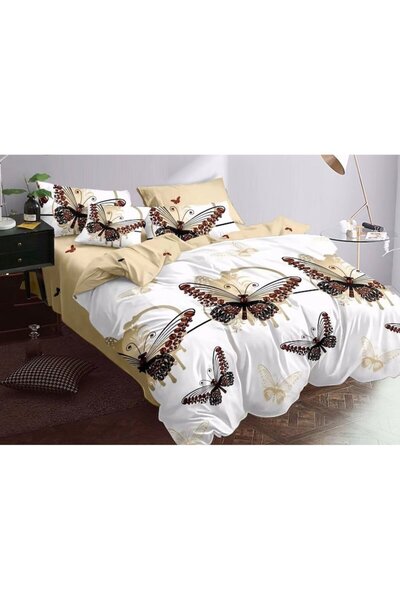 Pucioasa Double bed linen, Pucioasa, Finet, 6 pieces, 2 persons, Butterfly print, 245x250cm, White-Beige