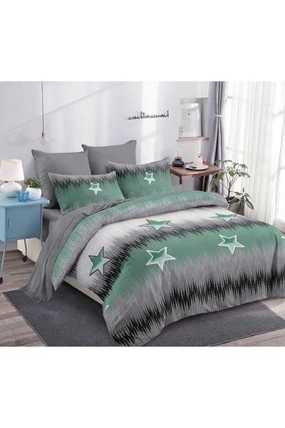 OEM Double Bed Sheet Set, Star Pattern, Reversible, 6 Pieces, 2 Persons, 230x250cm, Finet, Gray-Green