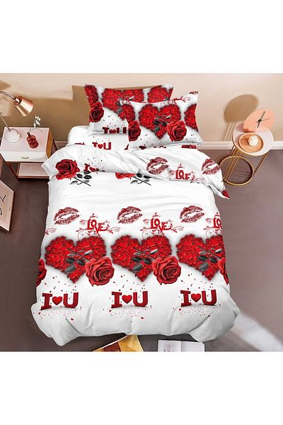 OEM Lenjerie de pat, Finet, Imprimeu 3D Multiplicat, 4 piese, 1 persoana, 155x200cm, I Love You, Alb-Ros