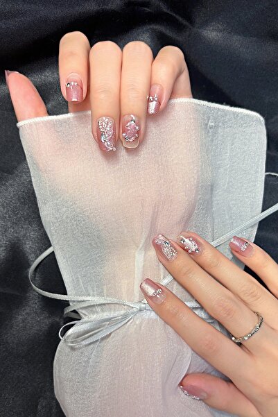 Easy Beauty XSMALL Beden Kısa Küt İnci Taşı Süslemeli 10 Adet Takma Tırnak Se...