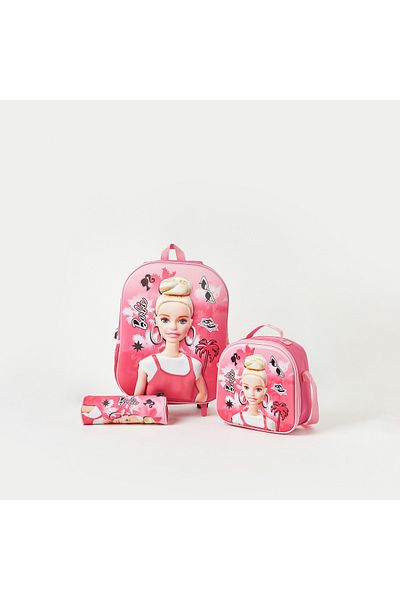 First Kid Barbie Printed Trolley Backpack Set with Lunch Bag and Pencil Pouch - 16 inches