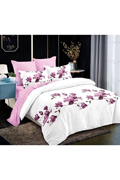 OEM Lenjerie de Pat, Finet, 6 piese, 2 persoane, 230x250cm, Imprimeu Magnolie, Alb-Lila