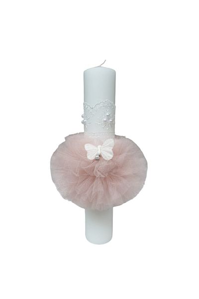 OEM Lumânare de botez, decorată cu tul și fluture, 35 cm, roz somon