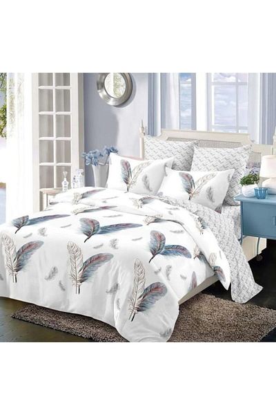 OEM Bed Linen Set, Elastic Sheets, Finet, 6 Pieces, 2 People, Feathers, 180x200cm, Multicolor