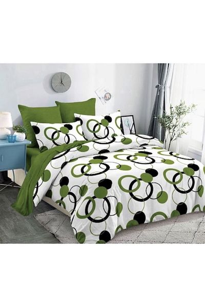 OEM Lenjerie de Pat, Finet, 6 piese, 2 persoane, 230x250cm, Imprimeu Cercuri, Alb-Verde