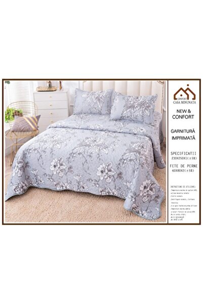 OEM Bedspread, Cotton and Linen, 3 pieces, 2 persons, 230x250cm, White Flowers Print, Multicolor