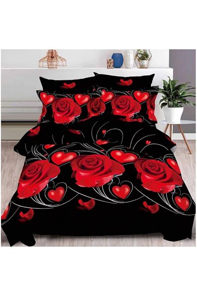OEM Double Bed Linen Set, 6 Pieces, Finet, 3D Roses Print, 2 Persons, 240x250cm, Black-Red