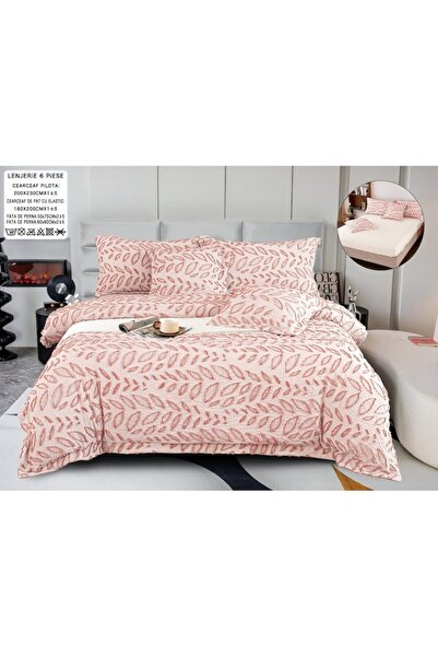 OEM Luxury Bedding Set, Cotton and Linen, Leaf Pattern, 6 Pieces, Double, 180x200cm, Coral