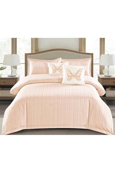 OEM Lenjerie de pat dublu, Primavara, Damasc, 2 persoane, 6piese, 180x200cm, Alb-Somon
