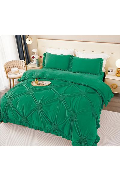 OEM Double bed linen, Uni, Embroidered Hearts Model, 6 pieces, Finet, 230x250cm glass green