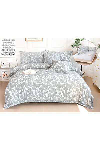 OEM Luxury Bedding Set, Cotton and Linen, 3D Leaves Pattern, 6 Pieces, 2 Persons, Light Gray