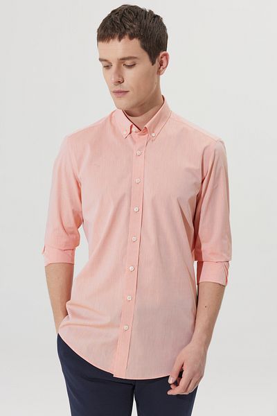 AC&Co / Altınyıldız Classics Ανδρικό Πορτοκαλί Slim Fit Slim Fit με κουμπιά γιακά 100% βαμβακερό πουκάμισο με σχέδιο