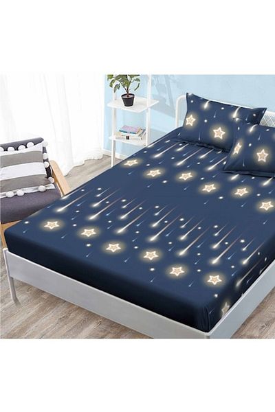 OEM Husa de pat si fete de perna, Finet, 3 piese, 1 persoana, 160x200cm, imprimeu, stelute, multicolor