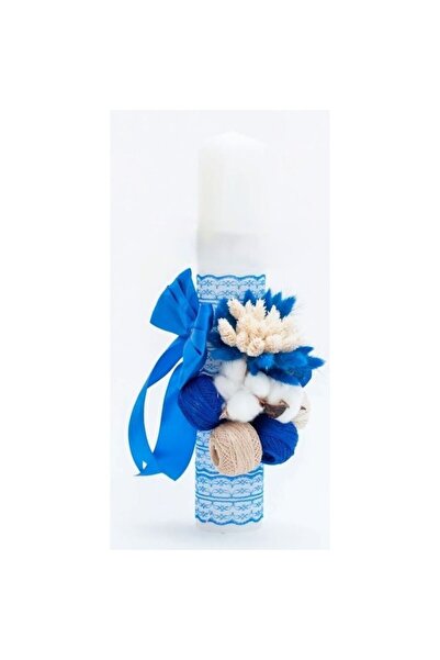 OEM Lumânare Botez, Flori Uscate și Bumbac, 35x5cm, Bleumarin-Alb