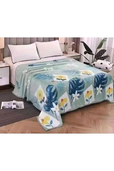 OEM Double Bed Blanket, Cocolino, Leaves and Flowers Design, Two Persons, 220x230cm, Blue