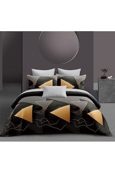 OEM Lenjerie de Pat, Bumbac Satinat, 4 piese, 2 persoane, Imprimeu Forme Geometrice, 180x200cm, Multicol
