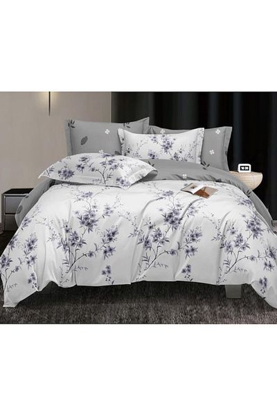 OEM Double Bed Linen Set, Two Sides, Blossom Branches Print, 4 Pieces, 180x200cm, Satin Cotton, White-Li