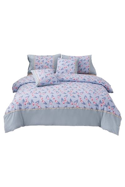 OEM Set lenjerie pat dublu, Imprimeu floral, 6 piese, 2 persoane, 180x200cm, Finet, Liliac