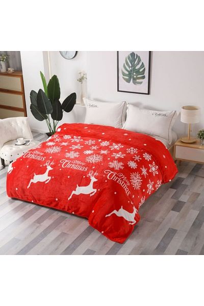 OEM Patura Dubla Cocolino, 2 persoane, 200x230cm, Imprimeu Craciun, Reni, Rosu-Alb