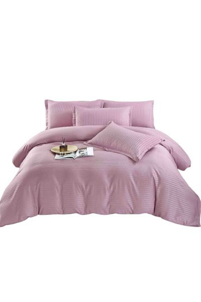 JOJO HOME Lenjerie de pat dublu, Jojo Home, Damasc cu Elastic, 6 piese, 2 persoane, 230x250cm, Roz