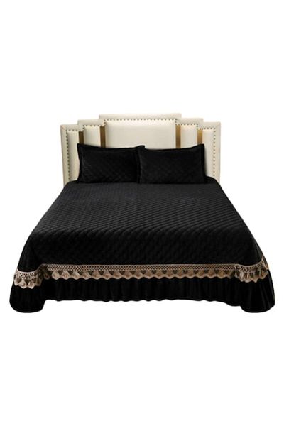 JOJO HOME Cuvertura si 2 fete de perna, Catifea Matlasata si Broderie Aurie, Jojo Home, 3 piese, 2 persoane, U