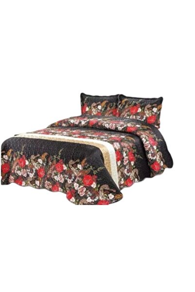 OEM Double Bedspread Set, Organza Silk, 3 Pieces, 230x250cm, Black Multicolor