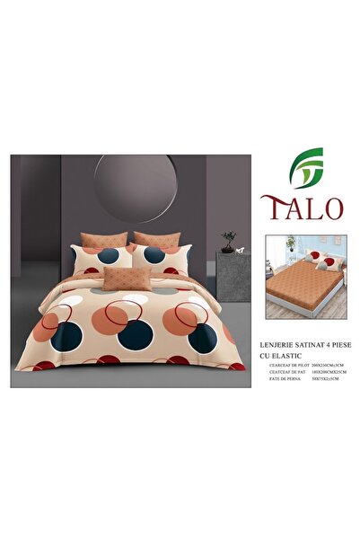 OEM Bed Linen, Satin Cotton, 4 Pieces, 2 Persons, Circle Print, 180x200cm, Beige-Black
