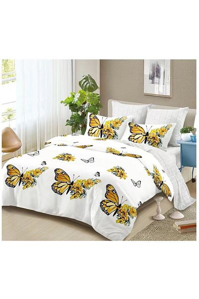 OEM Double Bed Linen Set, 6 Pieces, 2 Persons, 180x200 cm, Yellow Butterfly Print, Multicolor