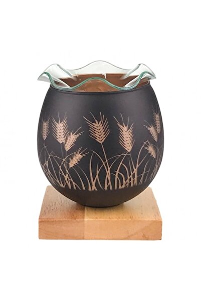 OEM Candela din sticla pe suport din lemn, cu frunze 12x16 cm negru