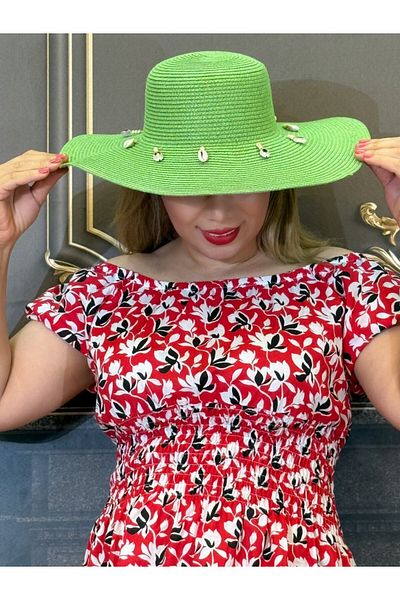 Yeşilmoda Straw Hat Seashell Black and Green Wide Brim Sun Protection Beach Hat Summer Women